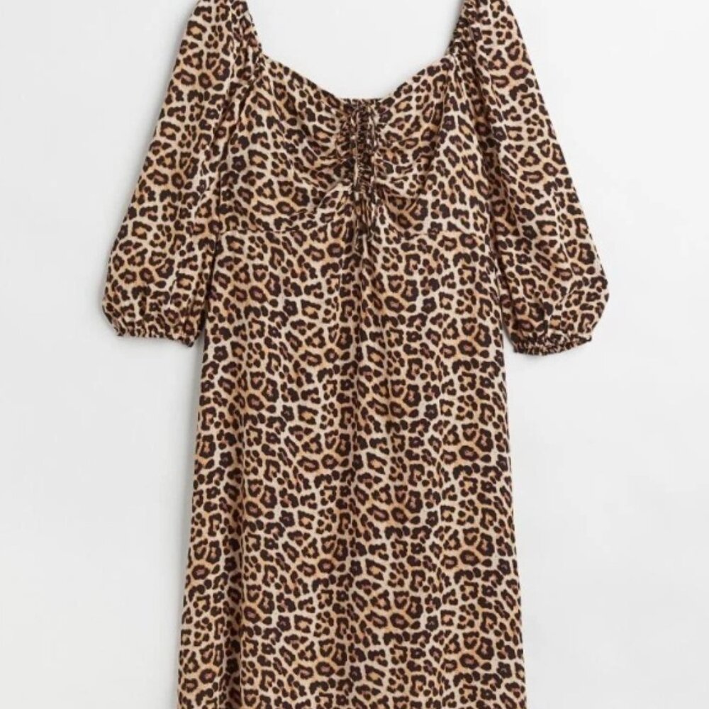 H&M Leopard Print Midi Dress XL Ruched Bust Puff Sleeves Sweetheart